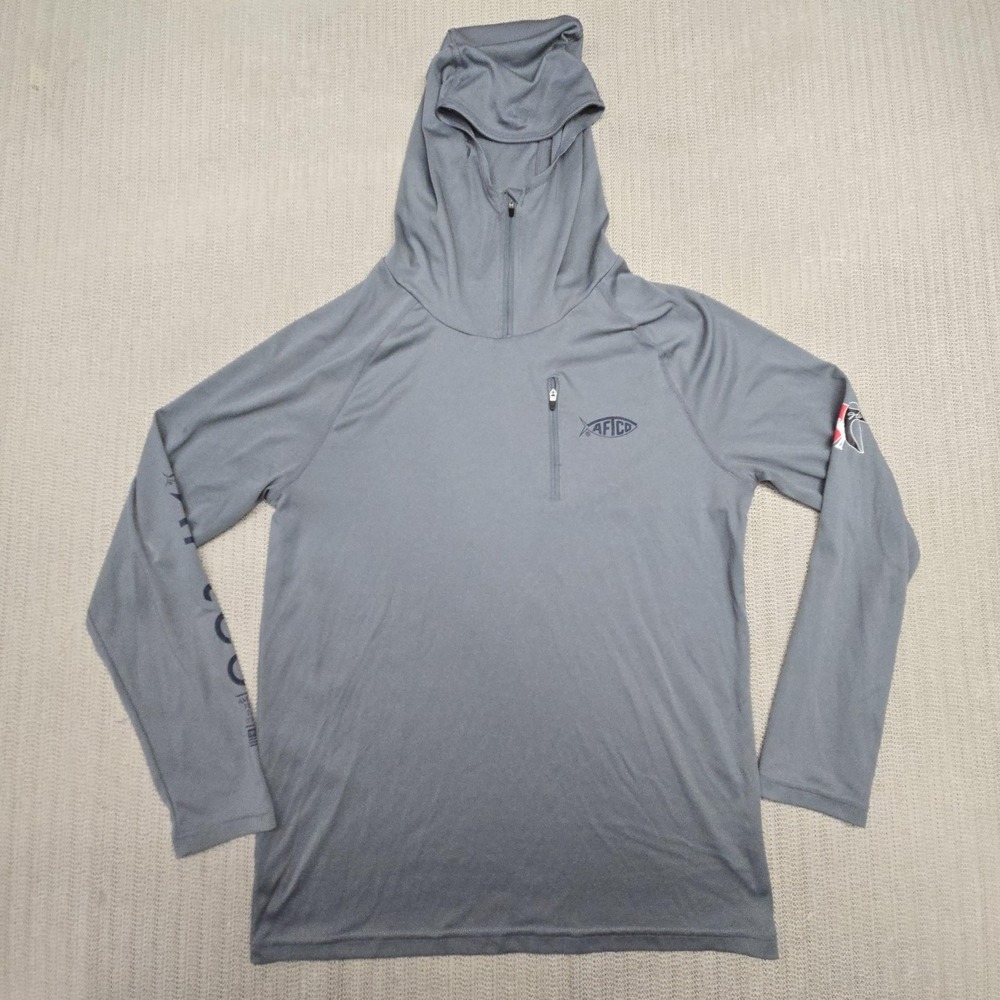 AFTCO Hooded Shirt Mens Small Gray AFTECH 1/4 Zip Fishing Long Sleeve